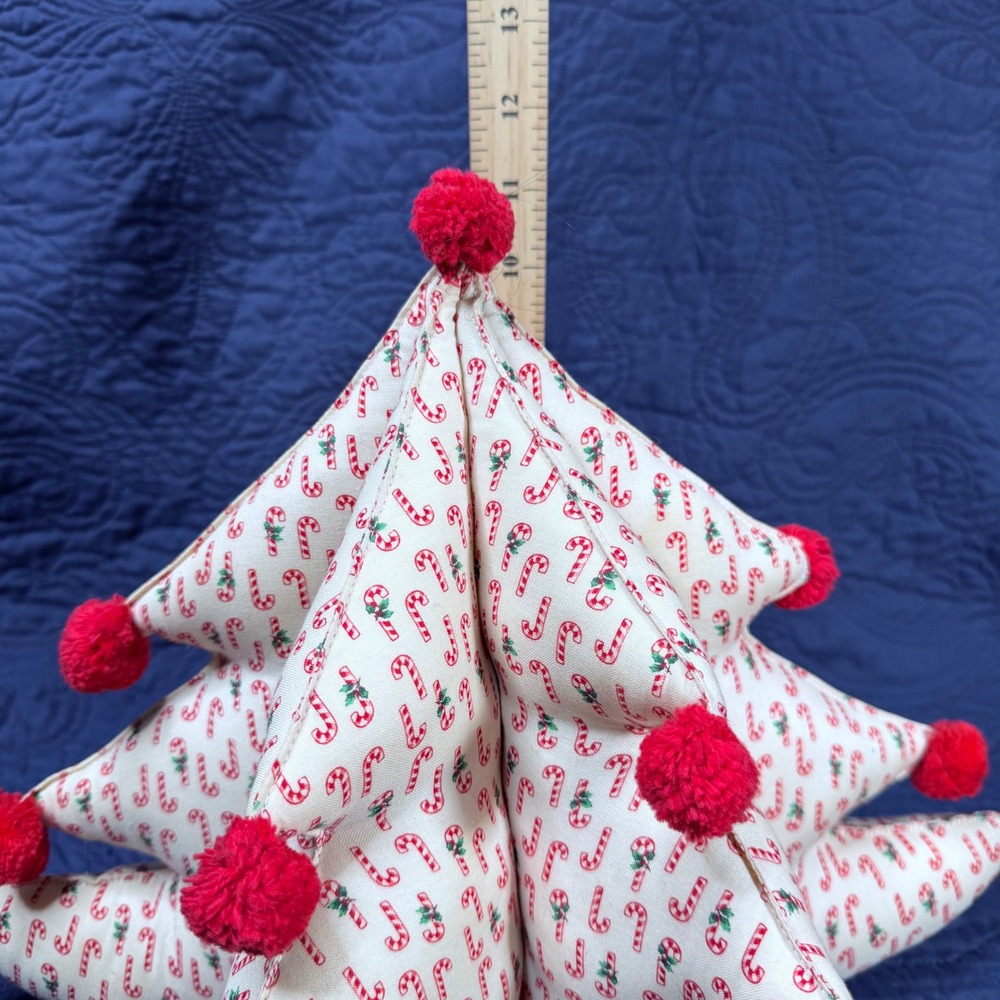 Handmade Christmas Tree Candy Cane Print Red Pom Poms Tabletop Decor 10in Read - Picture 5 of 6